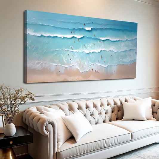 Aerial Turquoise Beach Day canvas shown in a styled room setting, view 2