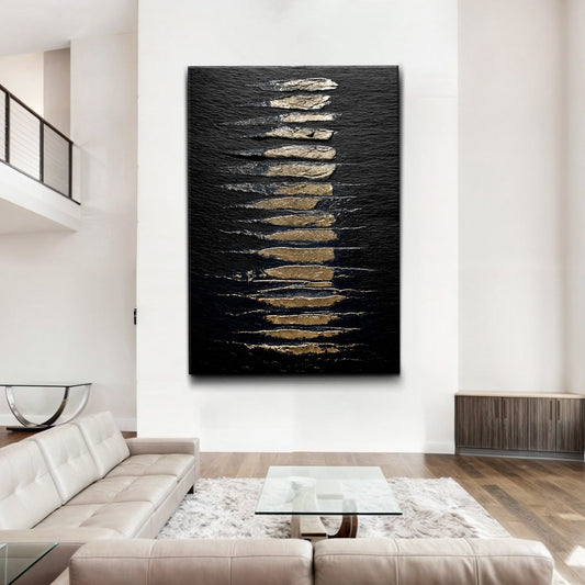 Stacked Gold Strokes on Black Minimalist canvas shown in a styled room setting, view 2