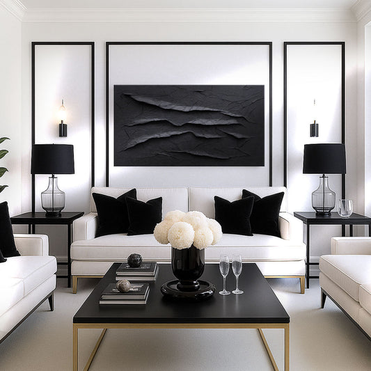 Black Ripple Minimalist Abstract canvas shown in a styled room setting, view 2