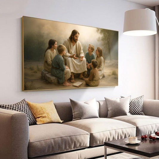Jesus Teaching Children Soft Sepia canvas shown in a styled room setting, view 2