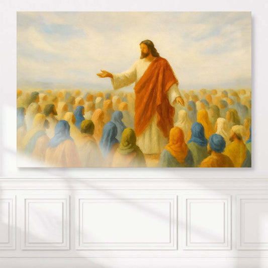Jesus Speaking to the Multitude Warm Tones canvas shown in a styled room setting, view 2