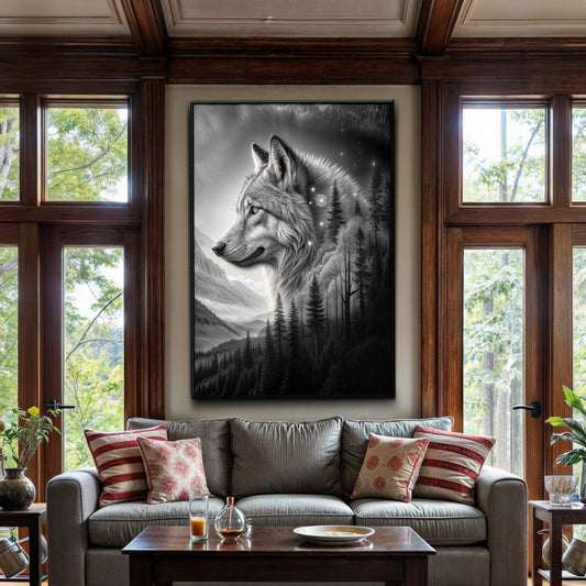 Black and White Wolf Profile with Mountain Forest canvas shown in a styled room setting, view 2