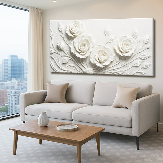 White Roses on White Panoramic canvas shown in a styled room setting, view 2