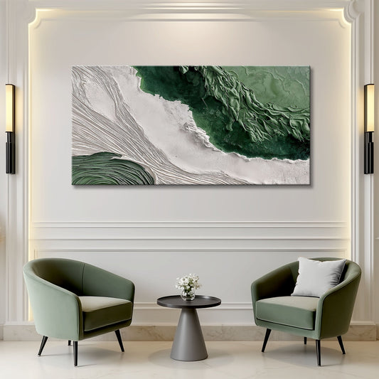 White Tide Meeting Deep Green Abstract canvas shown in a styled room setting, view 2