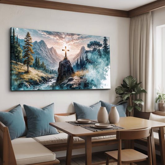 Cross on a Mountain Peak Misty Pines canvas shown in a styled room setting, view 2