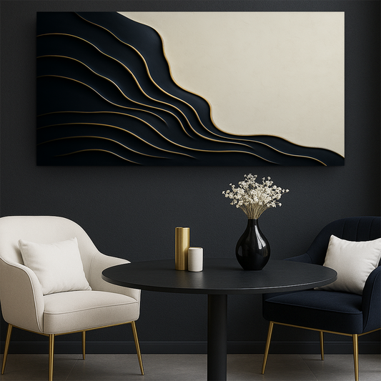 Black Layered Waves on Cream canvas shown in a styled room setting, view 2