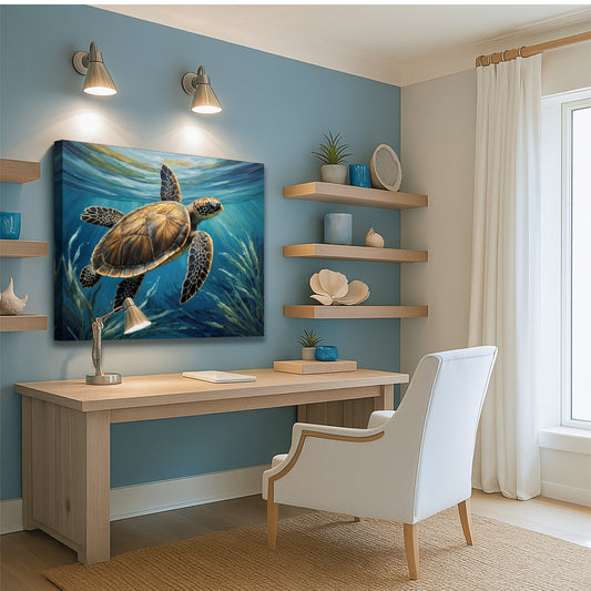 Sea Turtle Swimming Over Seagrass canvas shown in a styled room setting, view 2