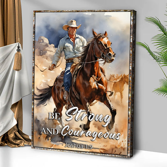 Joshua 1:9 Be Strong and Courageous Cowboy canvas shown in a styled room setting, view 2