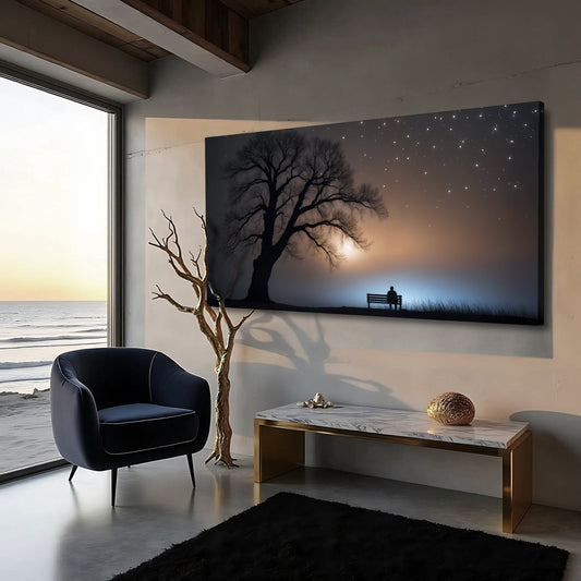 Lone Tree and Bench Under a Starry Sky canvas shown in a styled room setting, view 2