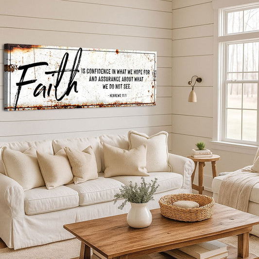 Hebrews 11:1 Faith Script Rustic-Edge Long Sign canvas shown in a styled room setting, view 2