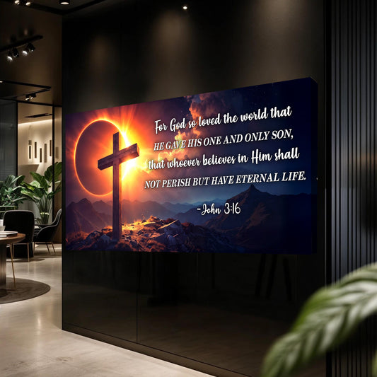 John 3:16 Cross and Fiery Eclipse Sign canvas shown in a styled room setting, view 2