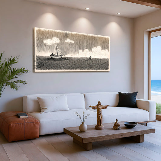 Figure Walking to the Boat Grey Sketch canvas shown in a styled room setting, view 2