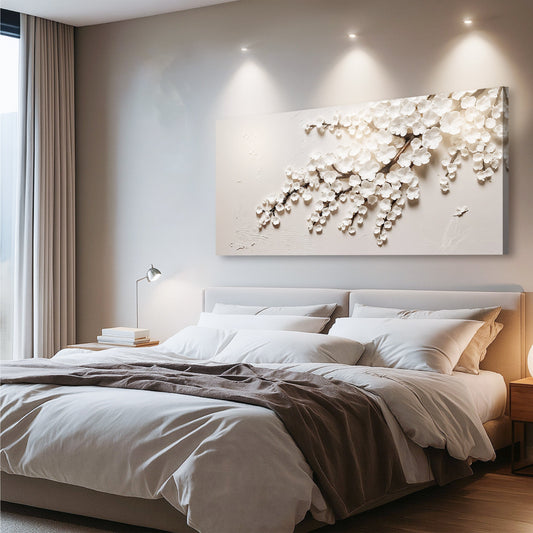 White Cherry Blossom Branch on White canvas shown in a styled room setting, view 2