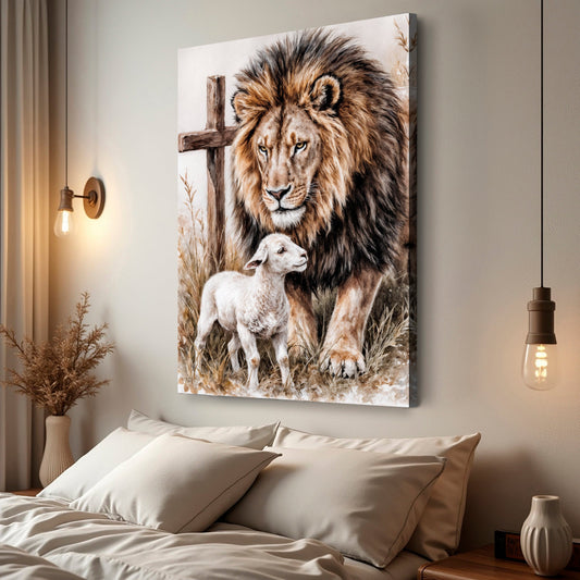 Lion and Lamb With a Wooden Cross Sketch canvas shown in a styled room setting, view 2