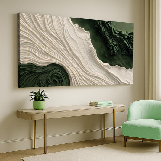 Deep Green and White Swirl Abstract canvas shown in a styled room setting, view 2