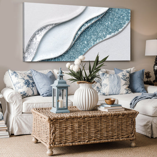 White and Teal Sweeping Wave Abstract canvas shown in a styled room setting, view 2
