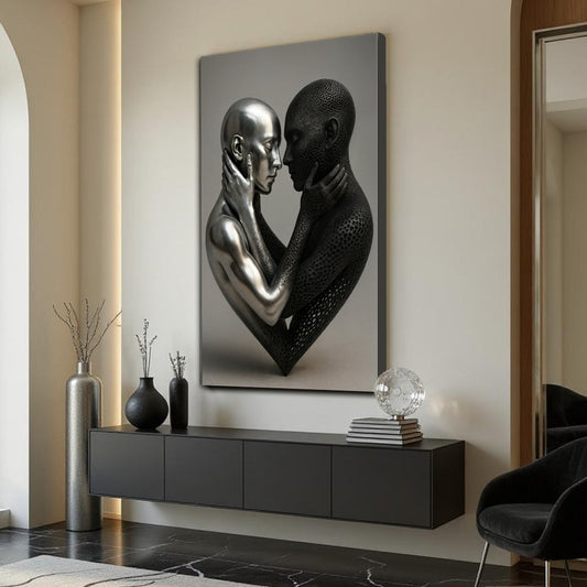 Silver and Black Couple Heart canvas shown in a styled room setting, view 2