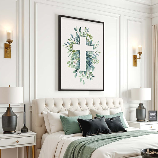 White Cross With Green Eucalyptus Leaves canvas shown in a styled room setting, view 2