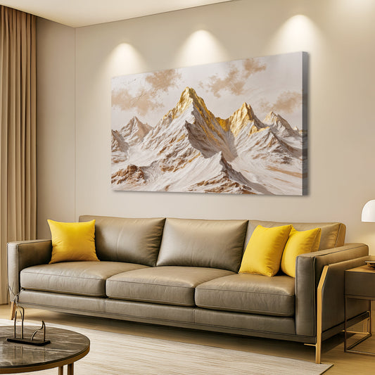 White and Gold Mountain Peaks canvas shown in a styled room setting, view 2