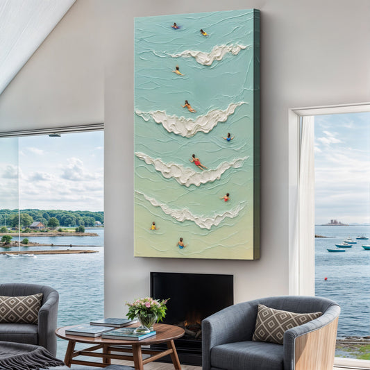 Tall Aerial Beach with Swimmers canvas shown in a styled room setting, view 2