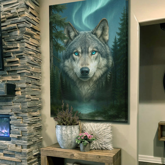 Wolf Face with Aurora and Forest Lake canvas shown in a styled room setting, view 2