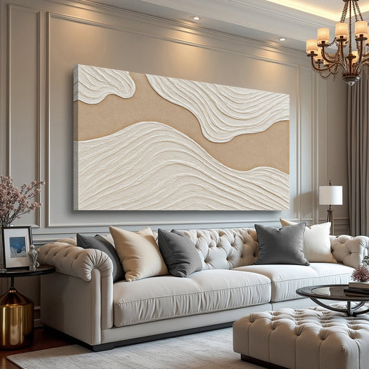 Beige Wave Bands Minimalist Abstract canvas shown in a styled room setting, view 2