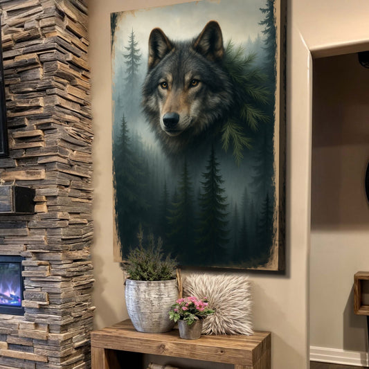 Grey Wolf with Dark Pine Forest Double Exposure canvas shown in a styled room setting, view 2