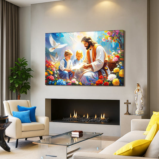 Jesus Reading to Children With a White Dove canvas shown in a styled room setting, view 2