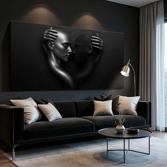 Couple Embrace Forming a Heart on Black canvas shown in a styled room setting, view 2