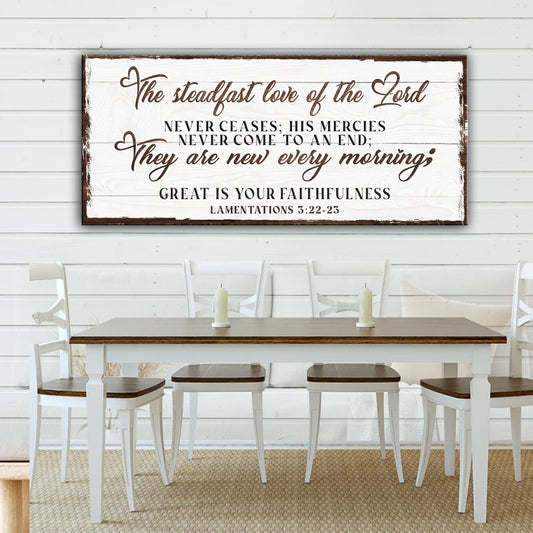 Lamentations 3:22-23 White Wood-Look canvas shown in a styled room setting, view 2