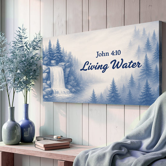 John 4:10 Living Water Blue Waterfall canvas shown in a styled room setting, view 2