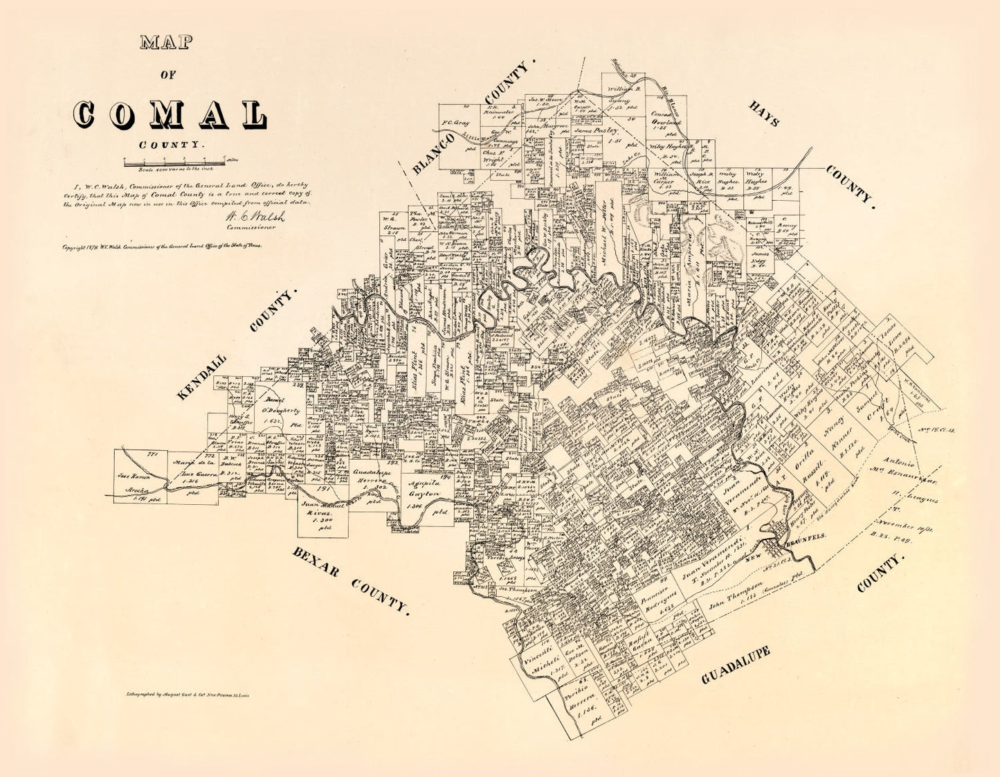 Vintage Map of Comal County, Texas, 1879