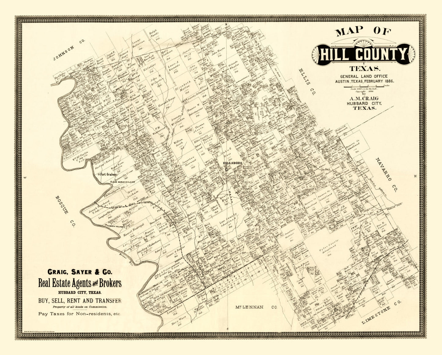 Vintage Map of Hill County, Texas, 1886