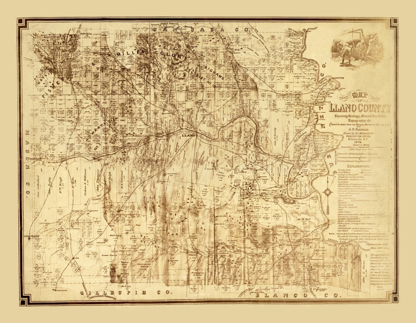 Vintage Map of Llano County, Texas, 1875