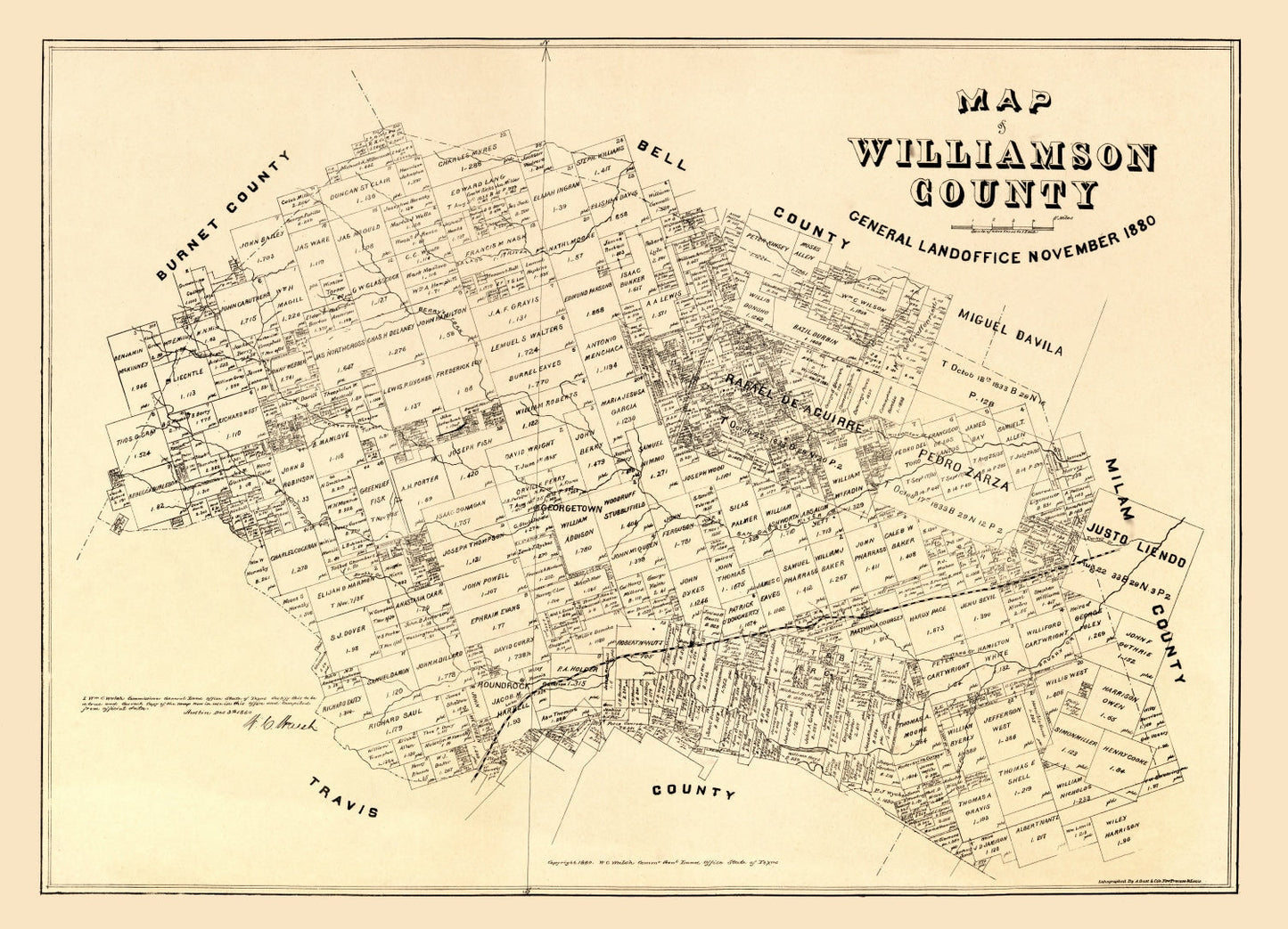 Vintage Map of Williamson County, Texas, 1880