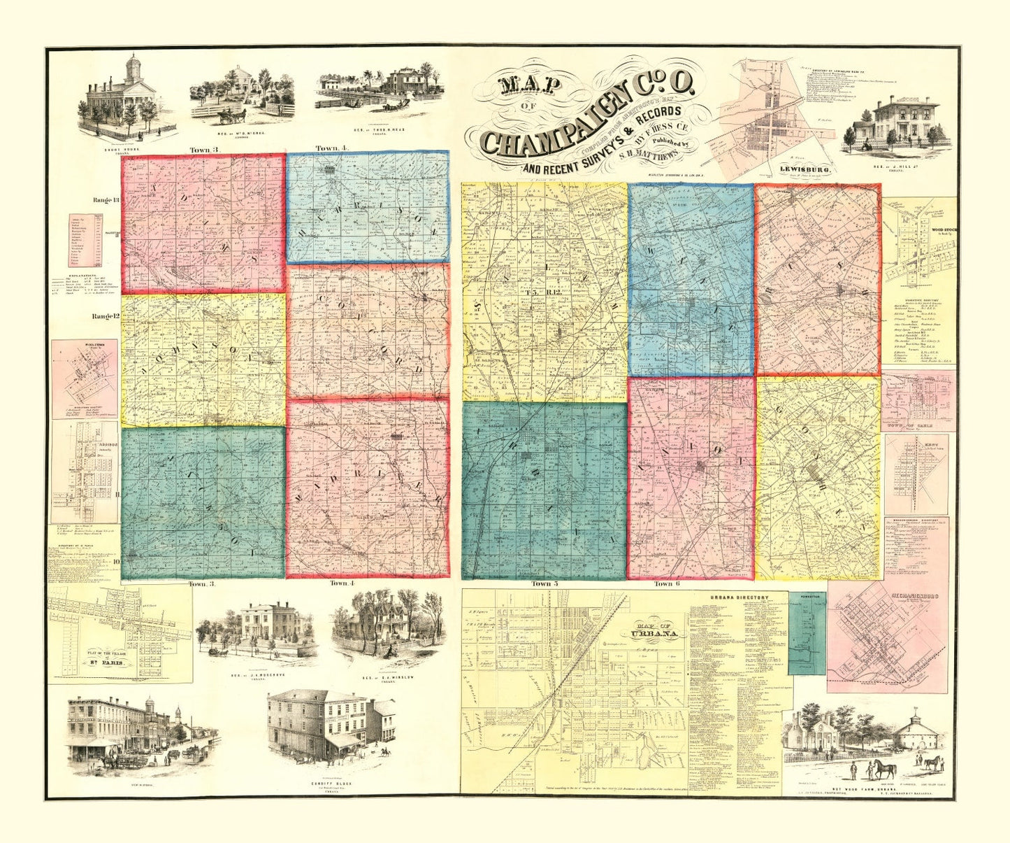 Vintage Map of Champaign County, Ohio, 1858