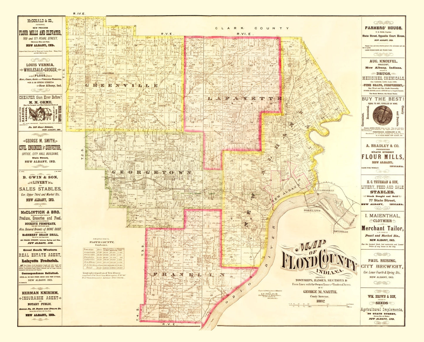 Vintage Map of Floyd County, Indiana, 1882