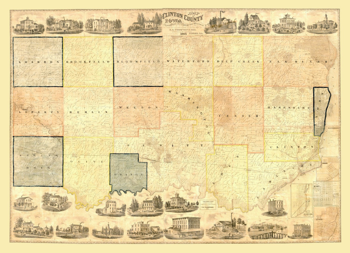 Vintage Map of Clinton County, Iowa, 1865