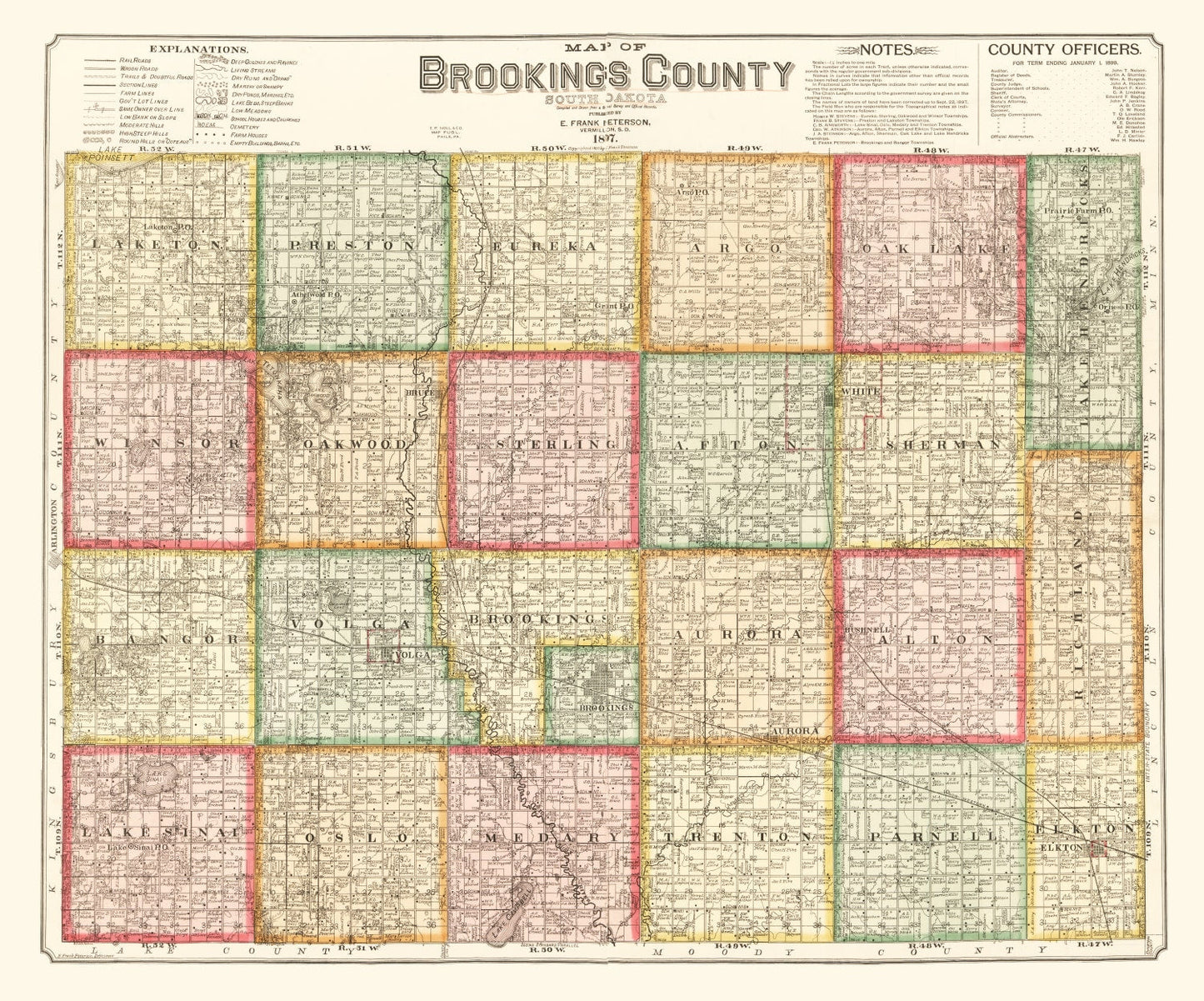 Vintage Map of Brookings County, South Dakota 1897