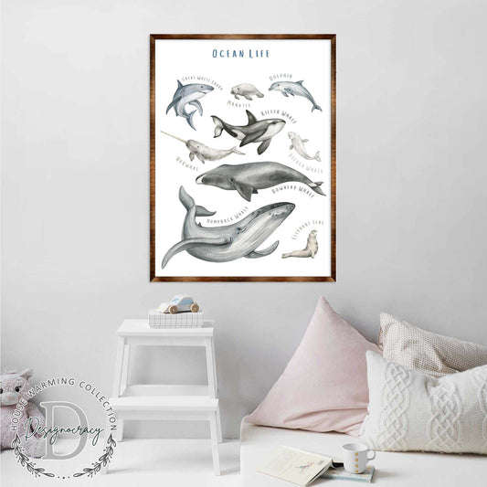 Ocean Animals Wooden Kids Room Wall Art Poster