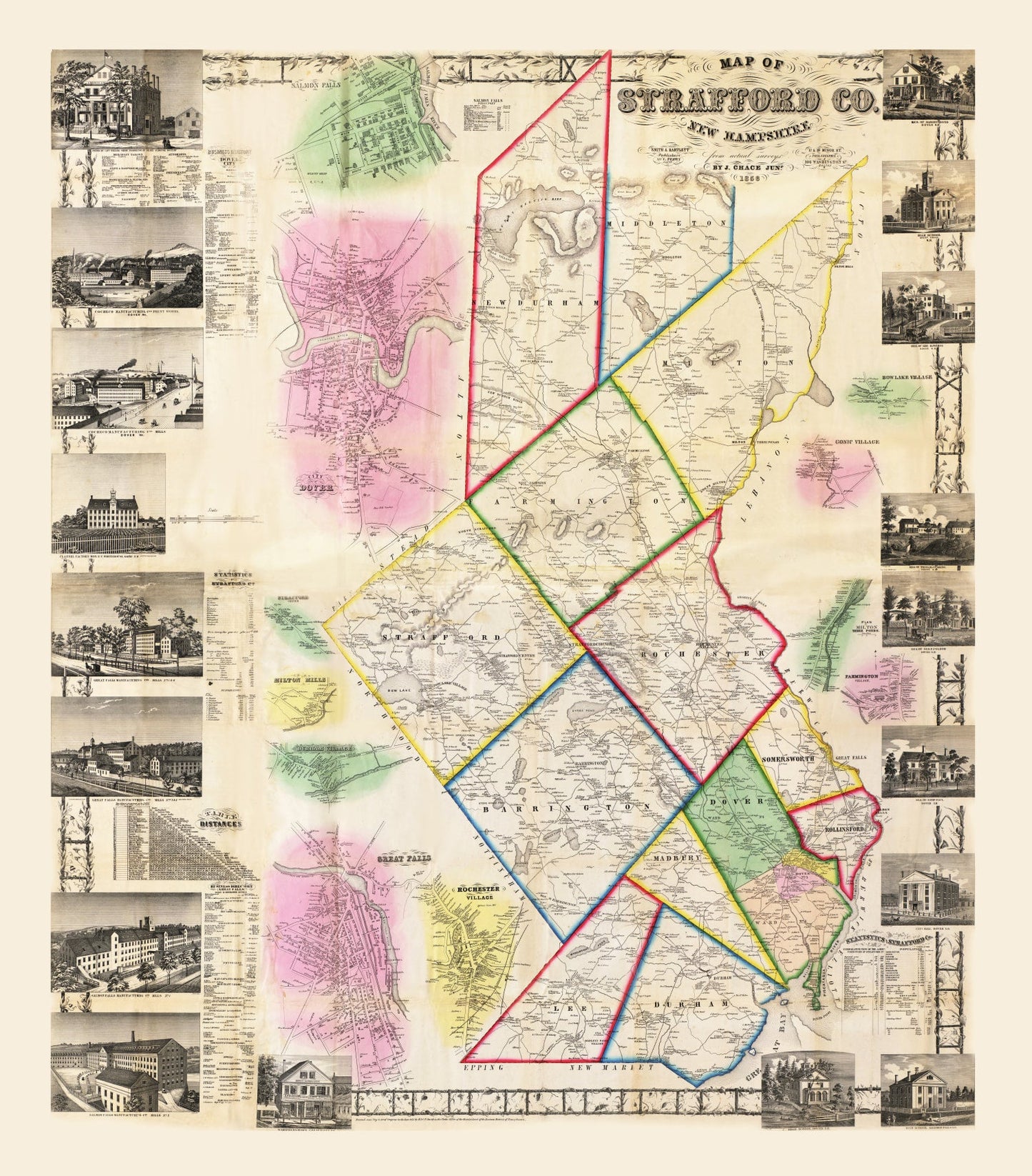 Vintage Map of Strafford County, New Hampshire, 1856