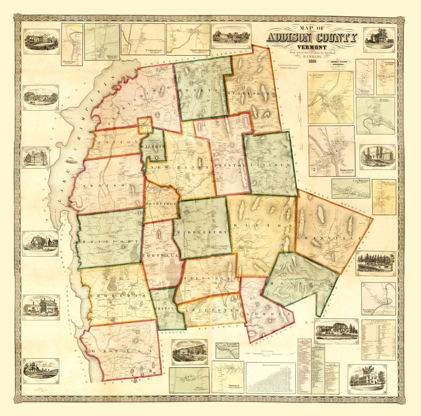 Vintage Map of Addison County, Vermont, 1857