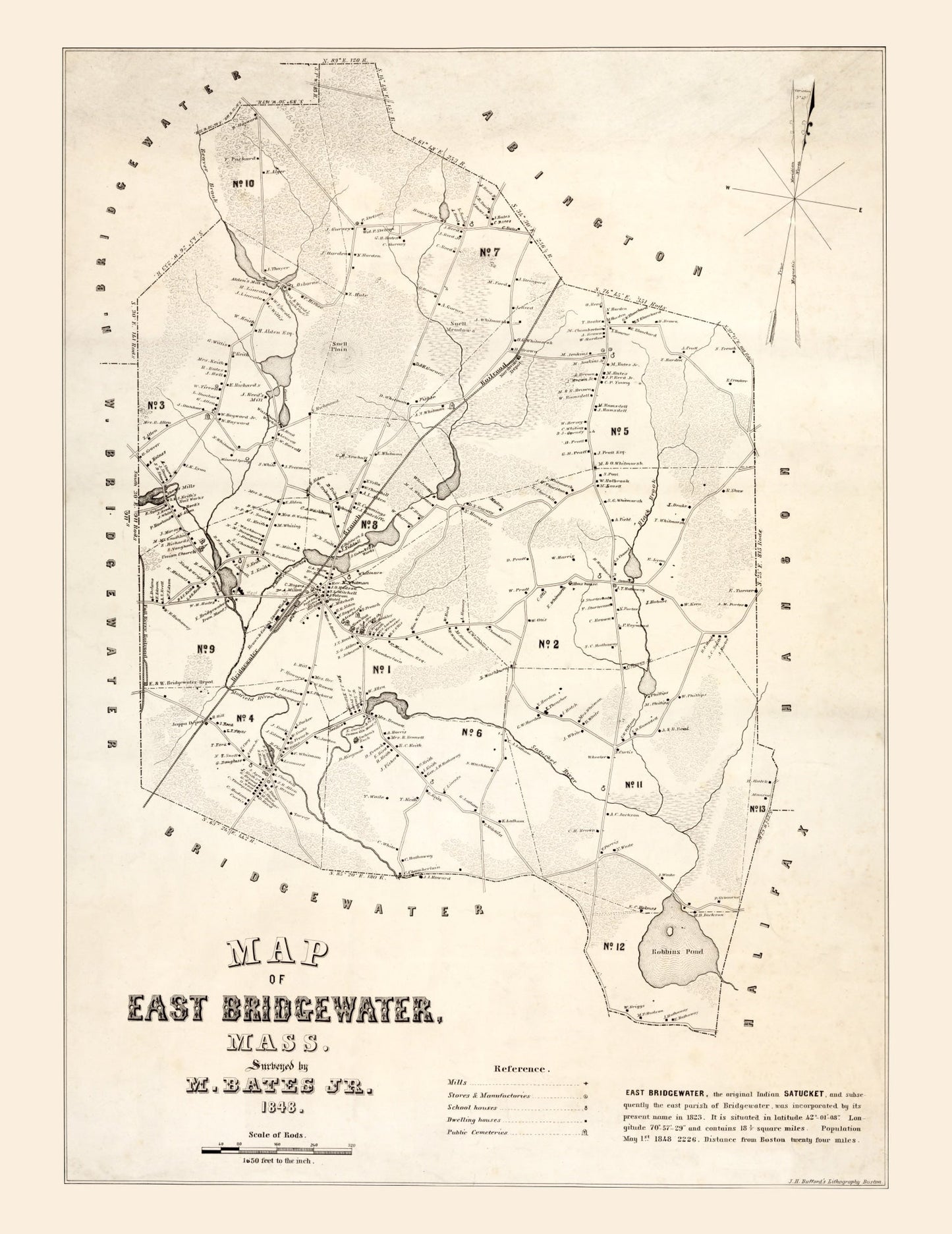 Vintage Map of Bridgewater County, Massachusetts, 1848