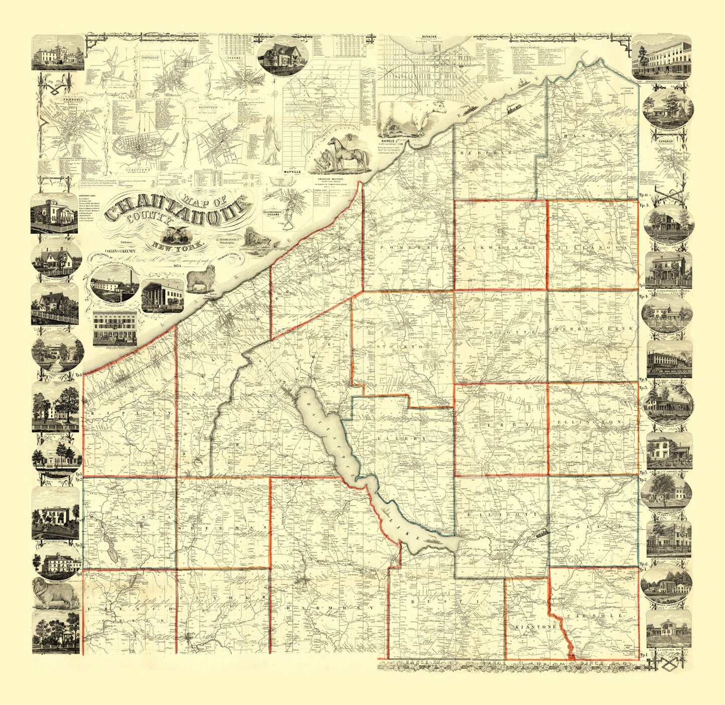 Vintage Map of Chautauqua County, New York, 1854