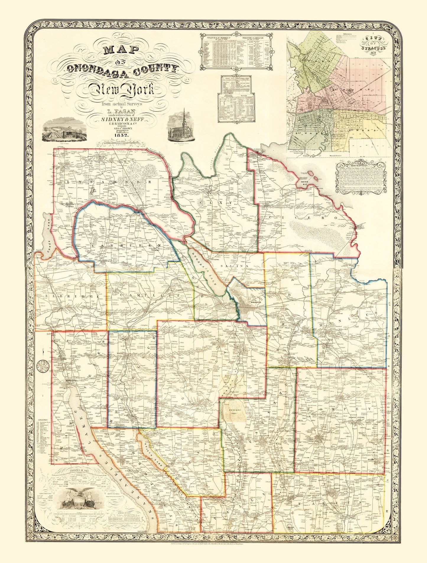 Vintage Map of Onondaga County, New York, 1852