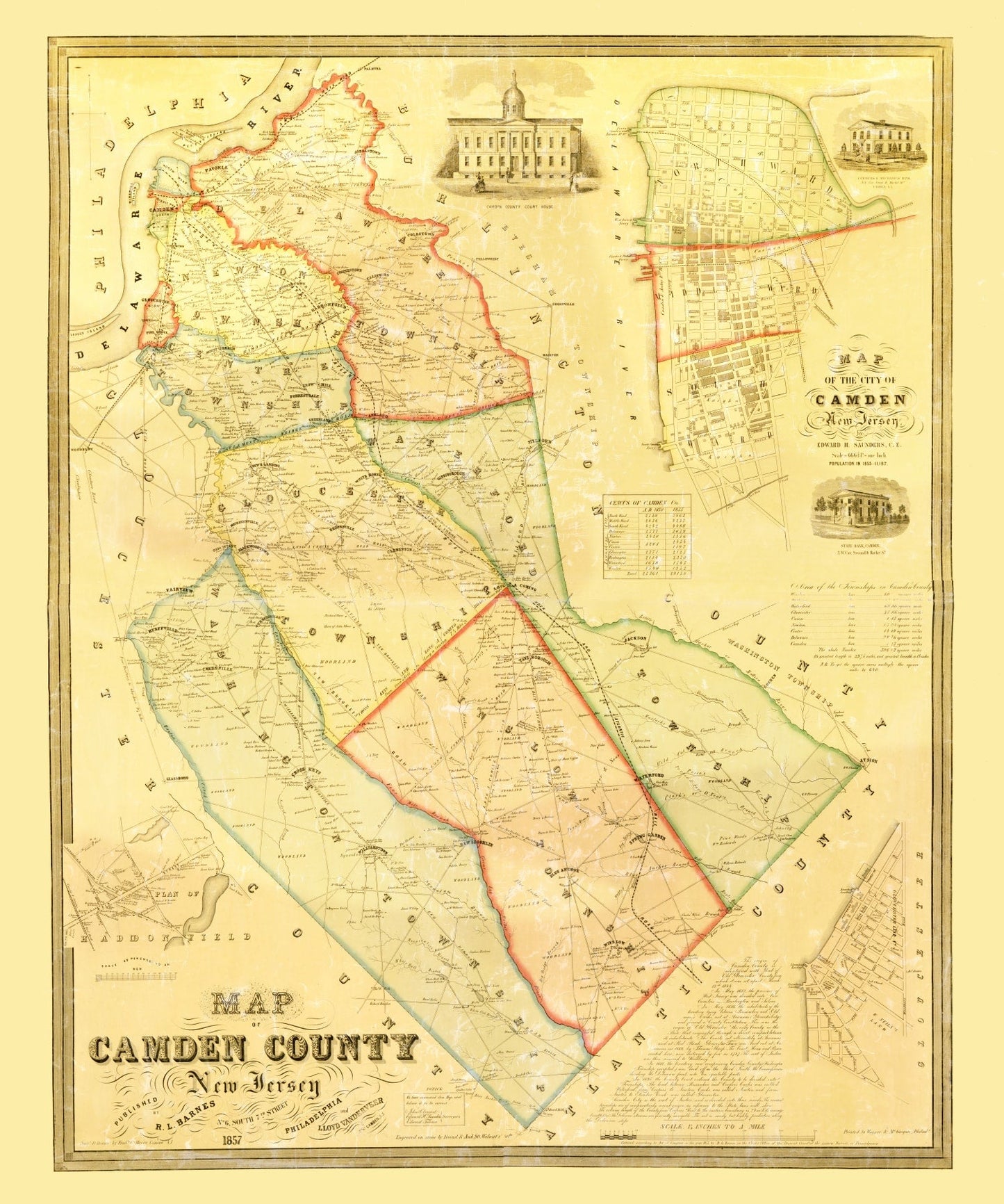 Vintage Map of Camden County, New Jersey, 1857