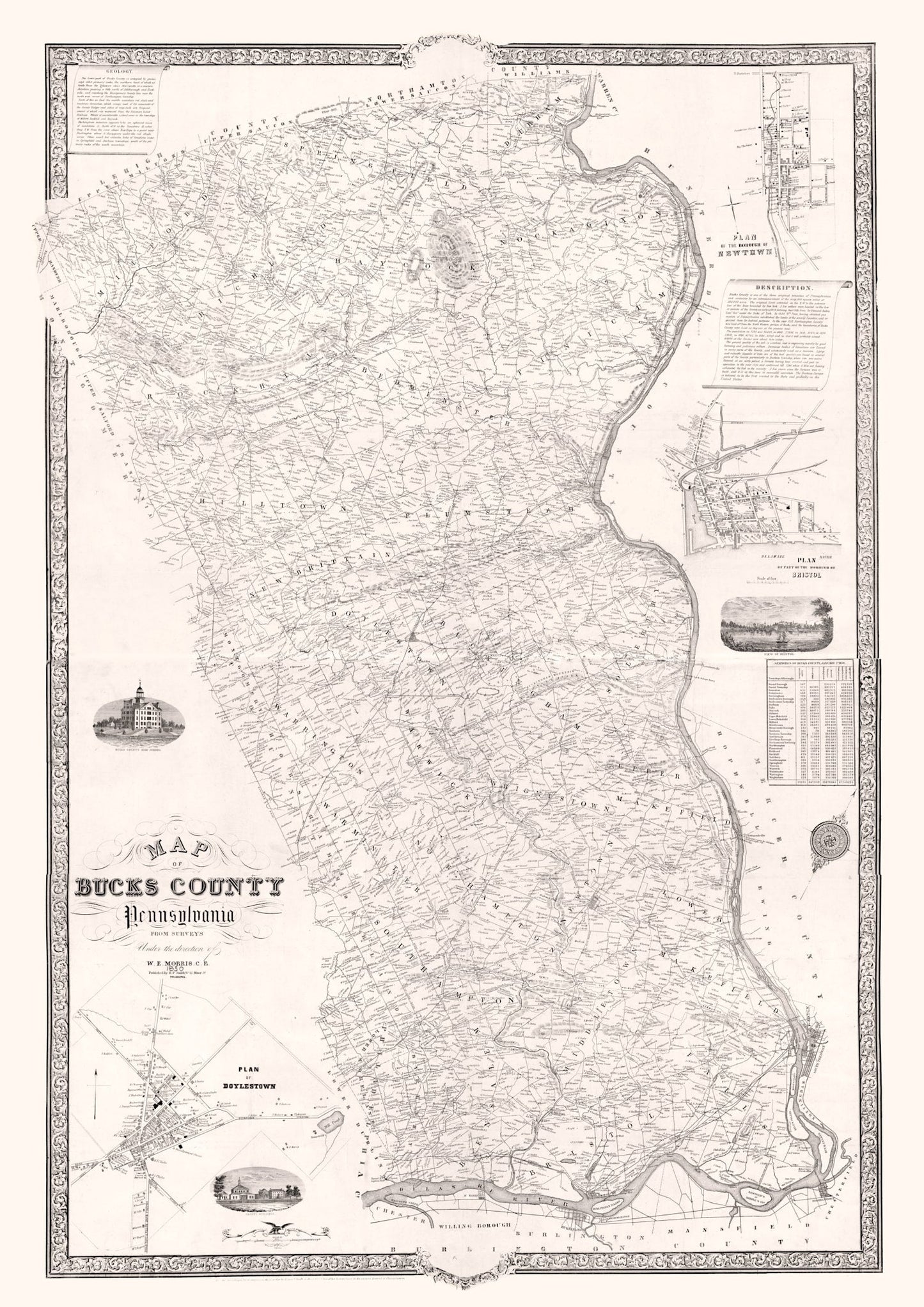 Vintage Map of Bucks County, Pennsylvania 1850