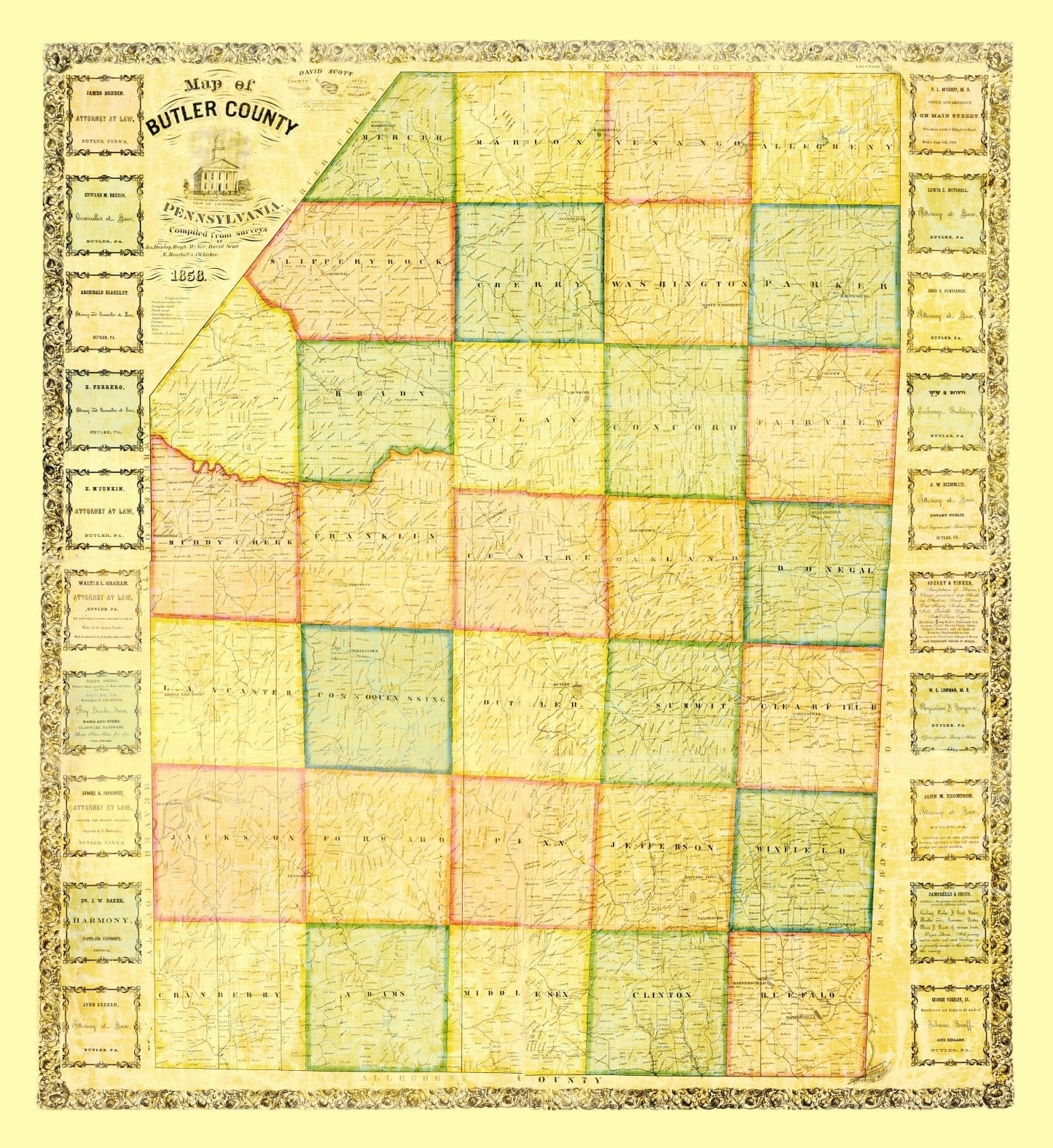 Vintage Map of Butler County, Pennsylvania, 1858