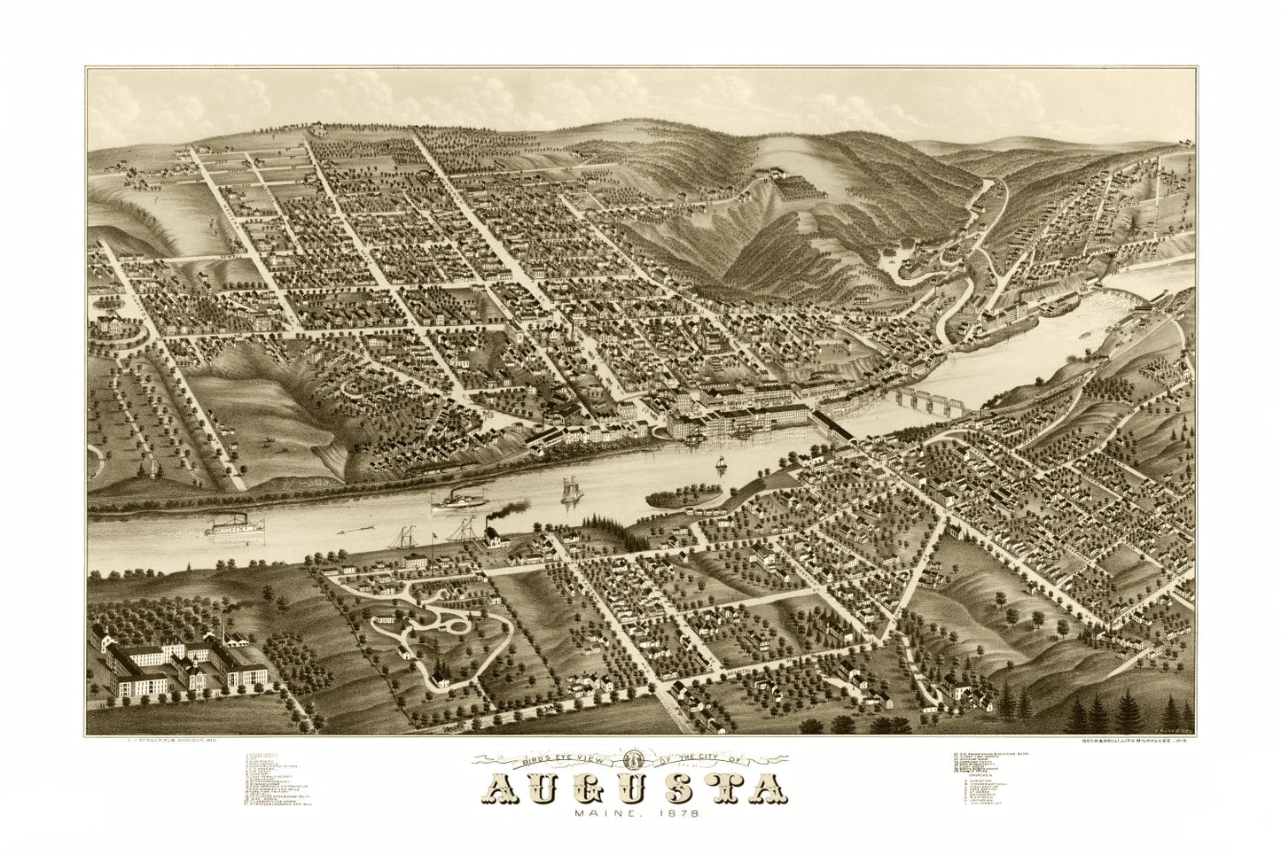 Vintage Map of Augusta, Maine, 1878