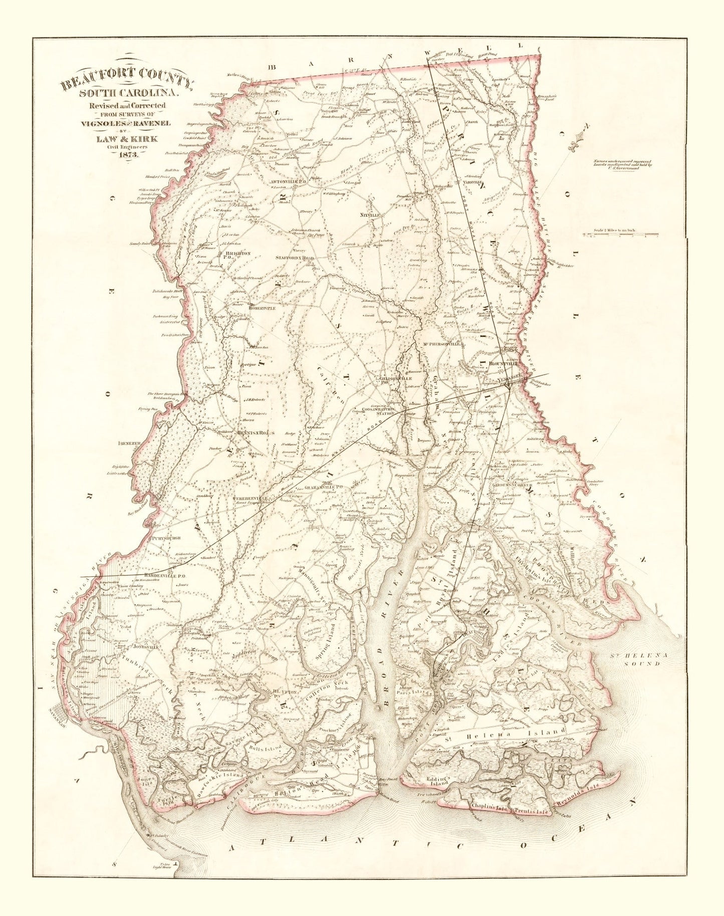 Vintage Map of Beaufort County, South Carolina, 1873